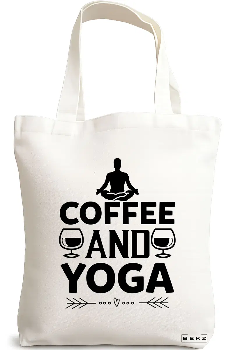 Sacosa Cumparaturi Textila, Geanta Tote Yoga Coffee and Yoga, 38x34.5 cm, Alba, BEKZ®