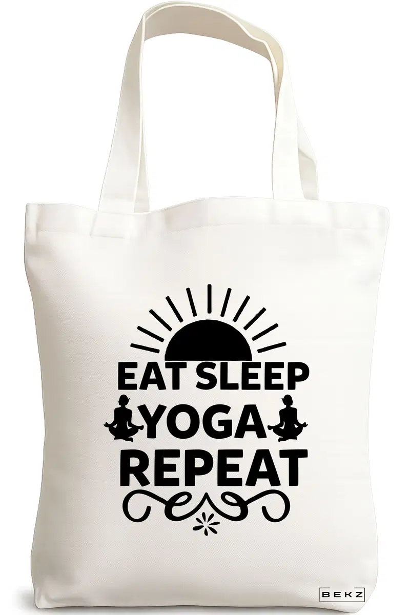 Sacosa Cumparaturi Textila, Geanta Tote Yoga Eat Sleap Yoga Repeat, 38x34.5 cm, Alba, BEKZ®