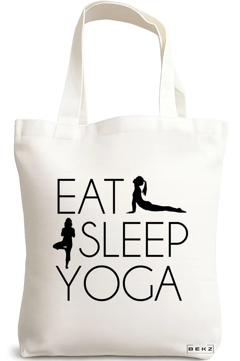 Sacosa Cumparaturi Textila, Geanta Tote Yoga Eat Sleep Yoga, 38x34.5 cm, Alba, BEKZ®