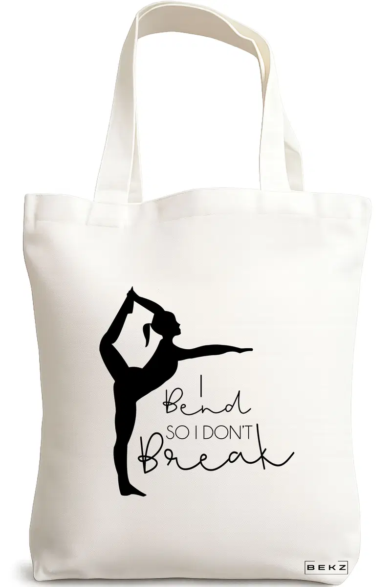 Sacosa Cumparaturi Textila, Geanta Tote Yoga I bend so I don't break, 38x34.5 cm, Alba, BEKZ®