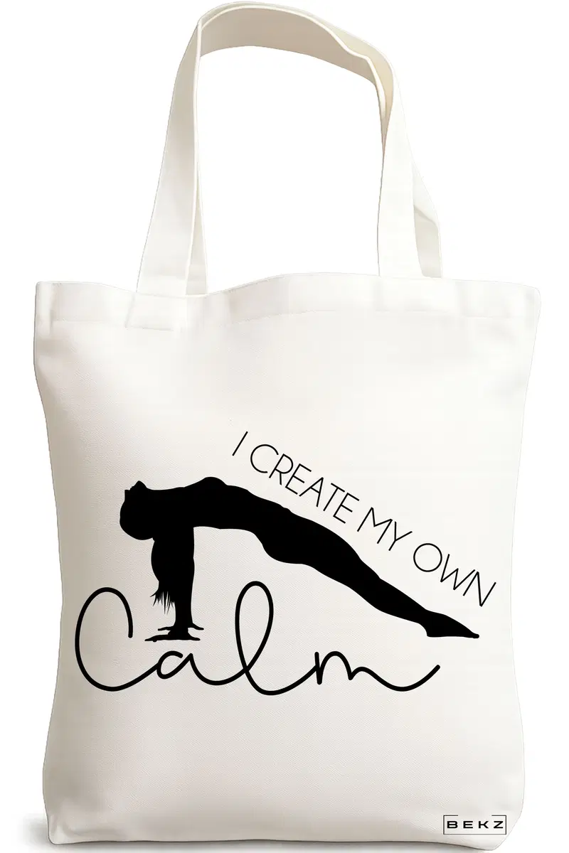 Sacosa Cumparaturi Textila, Geanta Tote Yoga I create my own calm, 38x34.5 cm, Alba, BEKZ®