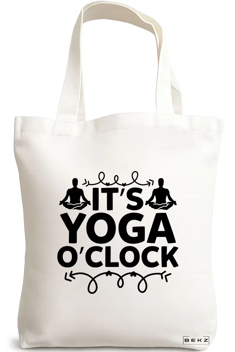 Sacosa Cumparaturi Textila, Geanta Tote Yoga It's yoga o'clock, 38x34.5 cm, Alba, BEKZ®