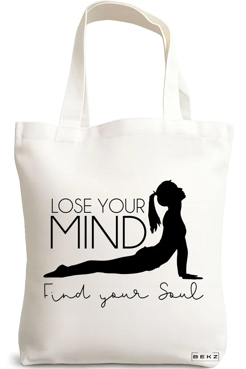 Sacosa Cumparaturi Textila, Geanta Tote Yoga Lose your mind Find your soul, 38x34.5 cm, Alba, BEKZ®