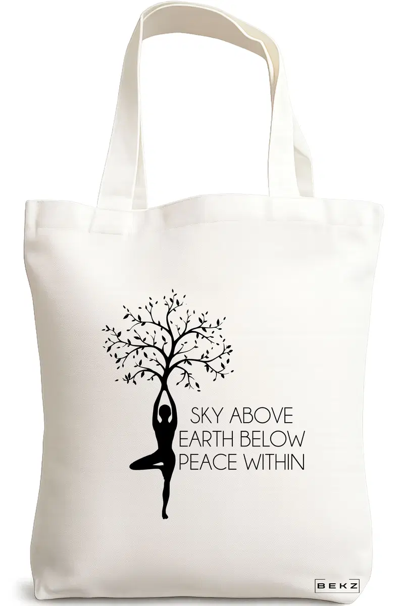 Sacosa Cumparaturi Textila, Geanta Tote Yoga Sky above earth peace within, 38x34.5 cm, Alba, BEKZ®