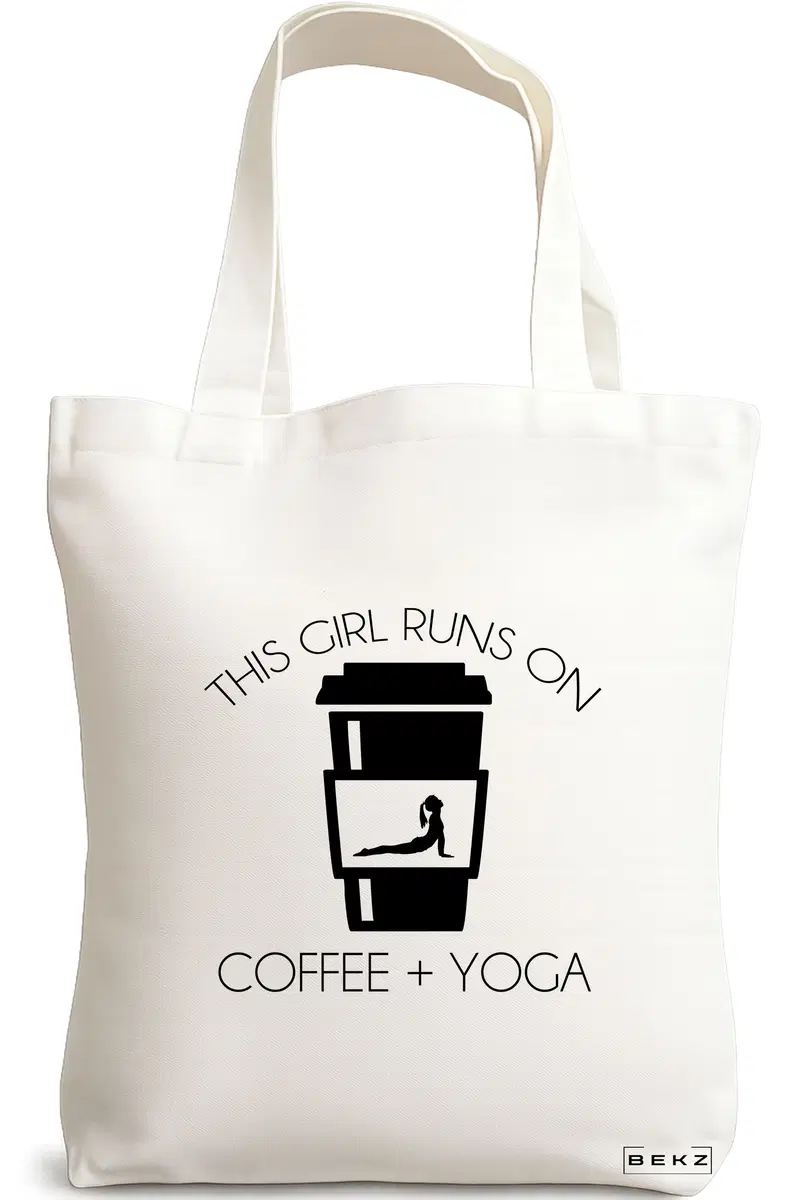 Sacosa Cumparaturi Textila, Geanta Tote Yoga This Girl runs on coffe and yoga 2, 38x34.5 cm, Alba, BEKZ®