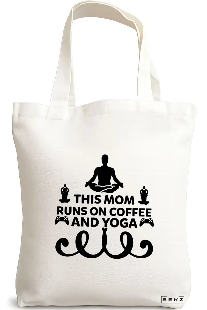 Sacosa Cumparaturi Textila, Geanta Tote Yoga This MOM runs on coffe and yoga, 38x34.5 cm, Alba, BEKZ®