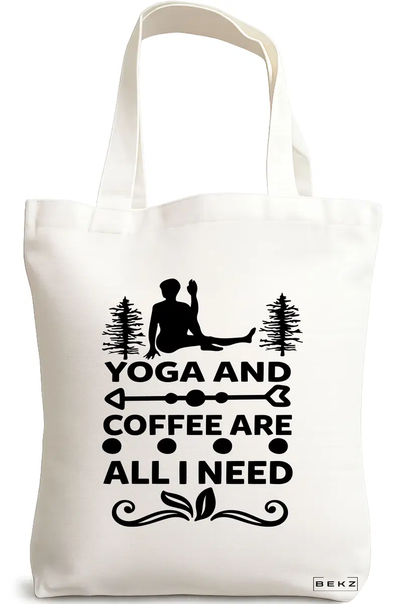 Sacosa Cumparaturi Textila, Geanta Tote Yoga and Coffee are all I need, 38x34.5 cm, Alba, BEKZ®