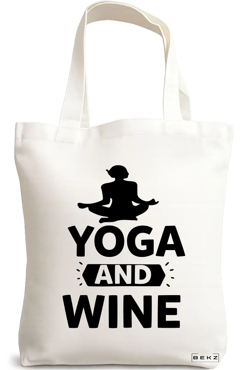 Sacosa Cumparaturi Textila, Geanta Tote Yoga and Wine, 38x34.5 cm, Alba, BEKZ®