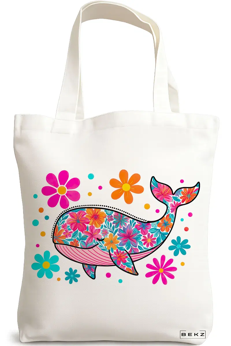 Sacosa Cumparaturi Textila, Geanta Tote, model Fish Flower, 38 x 34.5 cm, Alb, BEKZ®