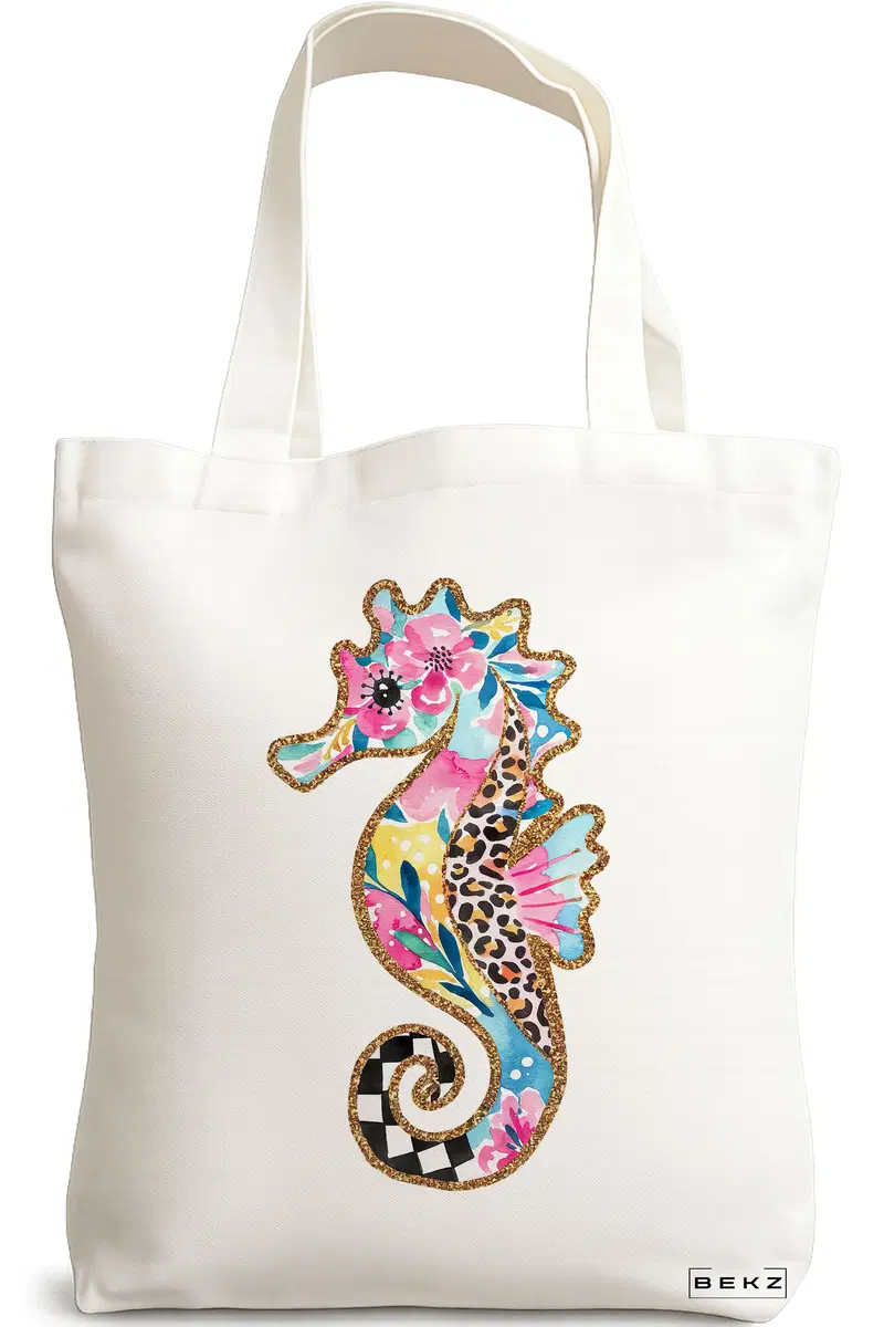 Sacosa Cumparaturi Textila, Geanta Tote, model Floral Seahorse, 38 x 34.5 cm, Alb, BEKZ®