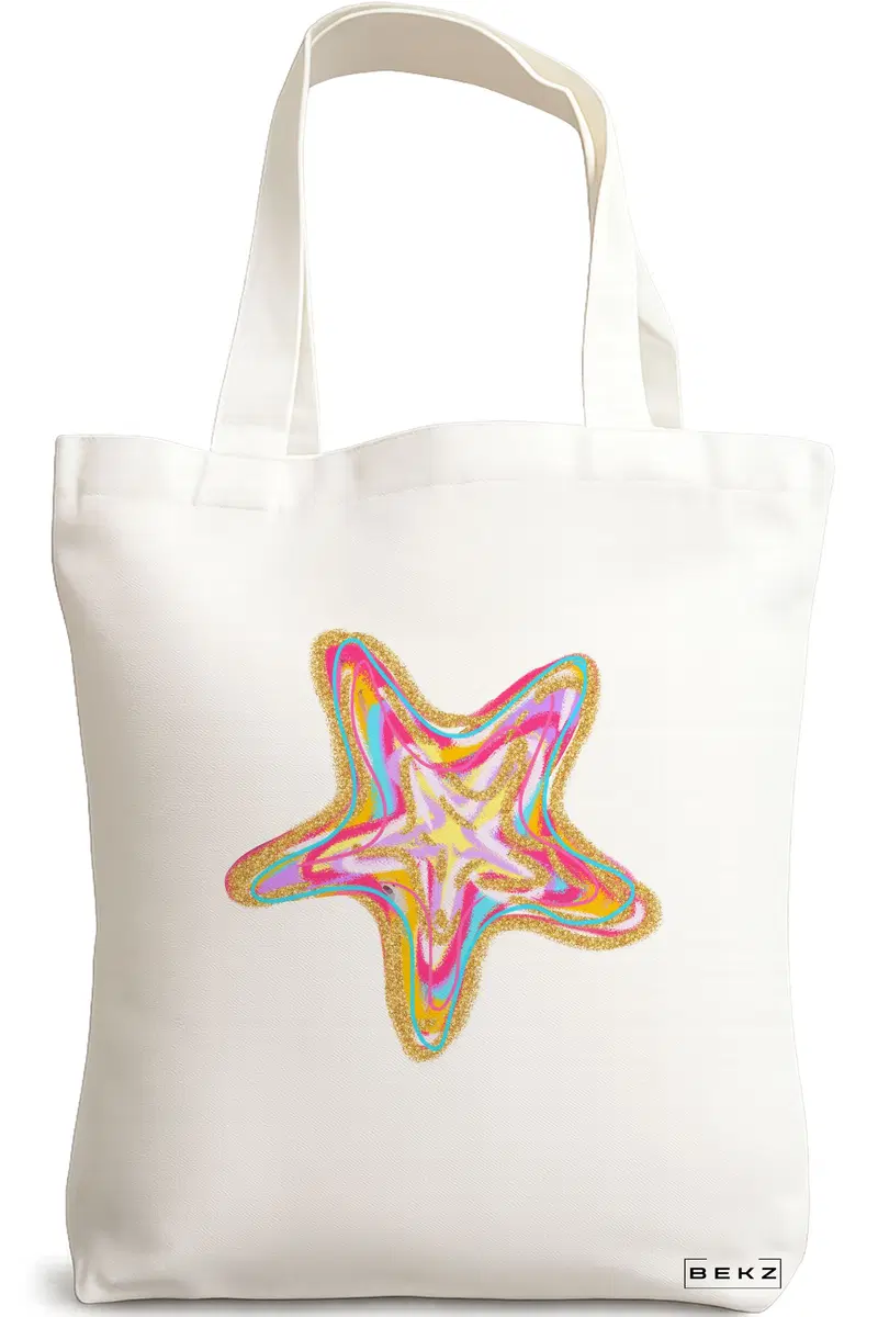 Sacosa Cumparaturi Textila, Geanta Tote, model Glitter Star, 38 x 34.5 cm, Alb, BEKZ®