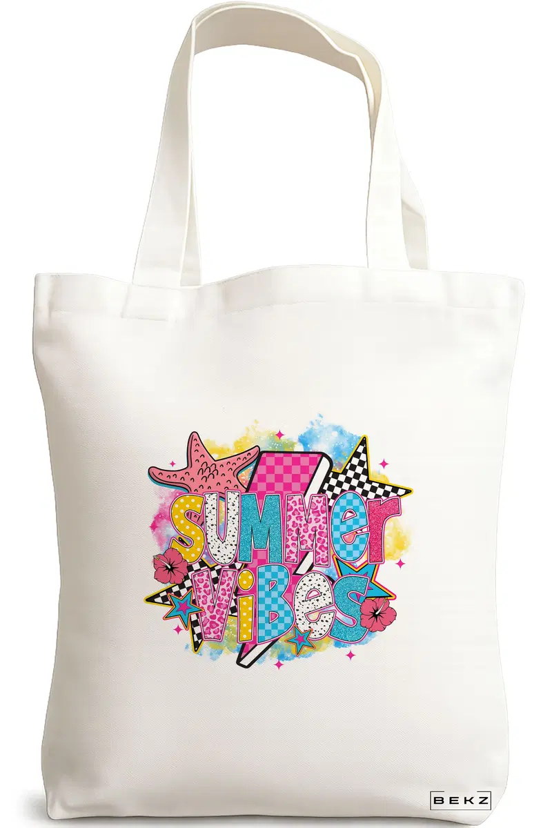 Sacosa Cumparaturi Textila, Geanta Tote, model Summer Vibes 2, 38 x 34.5 cm, Alb, BEKZ®