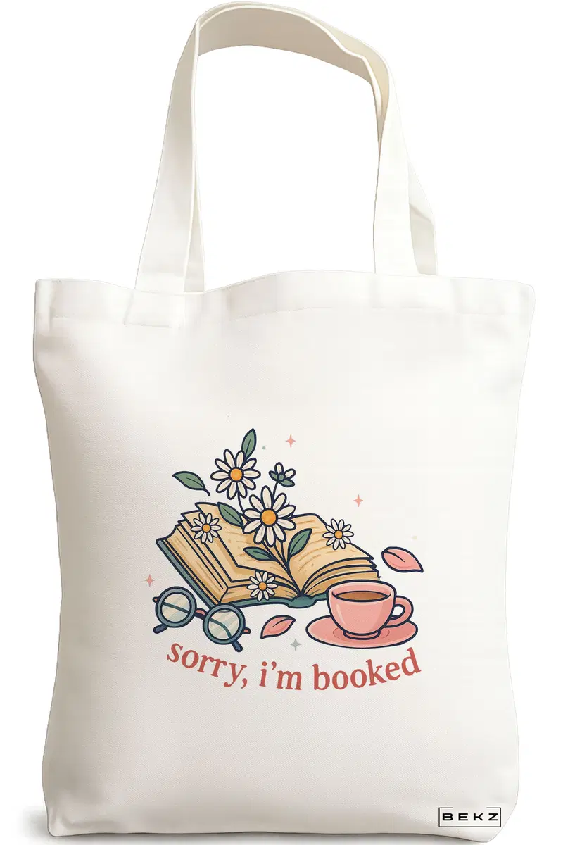 Sacosa Cumparaturi Textila, Geanta Tote, model Sorry I'm Booked, 38 x 34.5 cm, Alb, BEKZ®