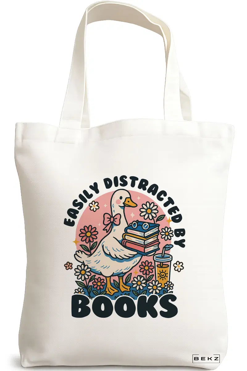Sacosa Cumparaturi Textila, Geanta Tote, model Easily Distracted by Books, 38 x 34.5 cm, Alb, BEKZ®