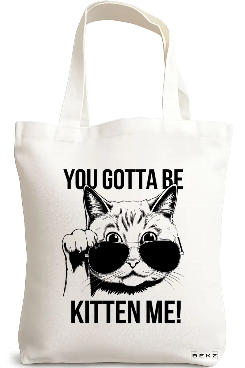 Sacosa Cumparaturi Textila, Geanta Tote, model You Gotta Be Kitten me, 38 x 34.5 cm, Alb, BEKZ®
