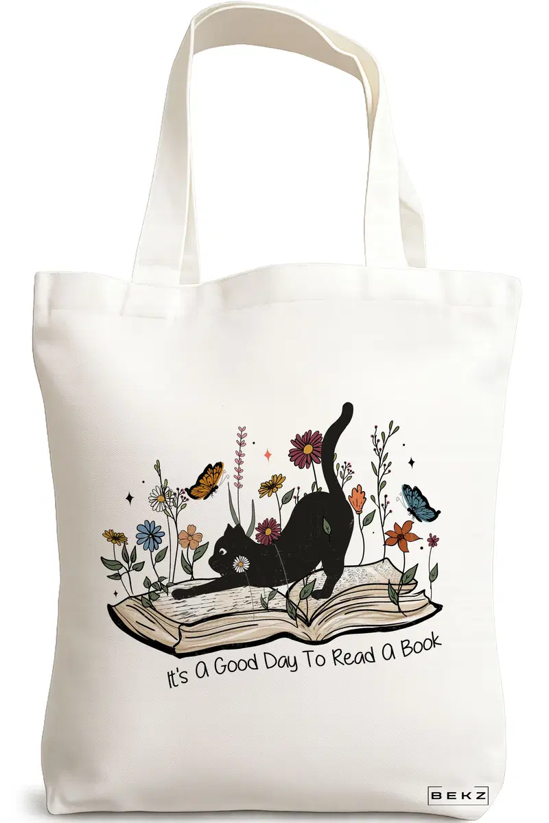 Sacosa Cumparaturi Textila, Geanta Tote, model It's a good day to read a book, 38 x 34.5 cm, Alb, BEKZ®
