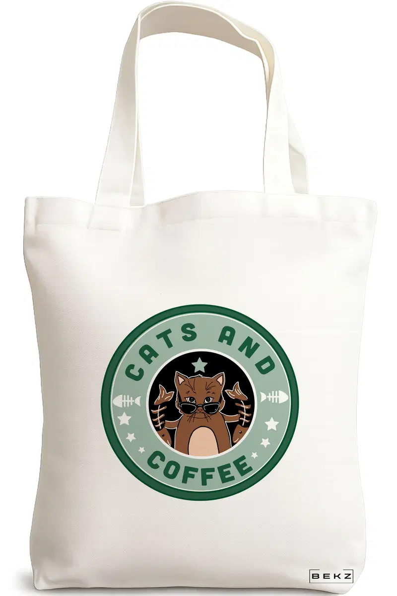Sacosa Cumparaturi Textila, Geanta Tote, model Cats and Coffee, 38 x 34.5 cm, Alb, BEKZ®