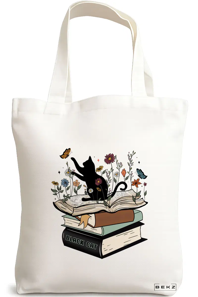 Sacosa Cumparaturi Textila, Geanta Tote, model Black Cat and Books, 38 x 34.5 cm, Alb, BEKZ®