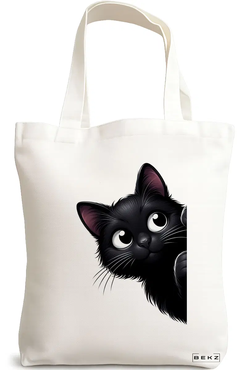 Sacosa Cumparaturi Textila, Geanta Tote, model The Curious Cat, 38 x 34.5 cm, Alb, BEKZ®