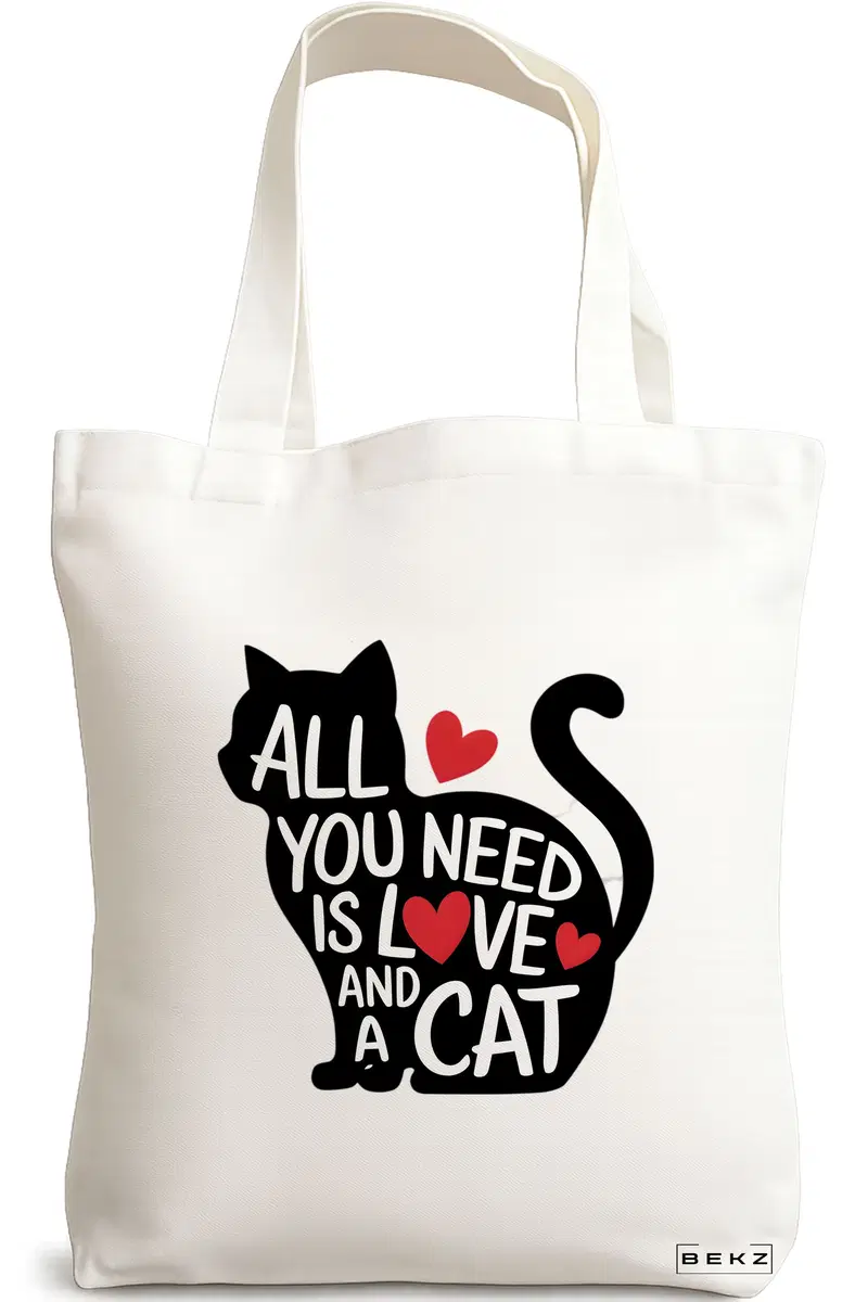 Sacosa Cumparaturi Textila, Geanta Tote, model All you need is love and a Cat, 38 x 34.5 cm, Alb, BEKZ®