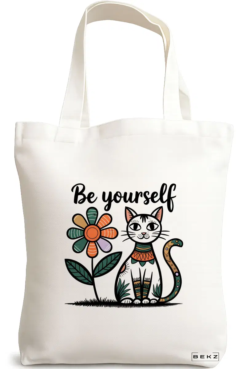 Sacosa Cumparaturi Textila, Geanta Tote, model Be Yourself Flower Cat, 38 x 34.5 cm, Alb, BEKZ®