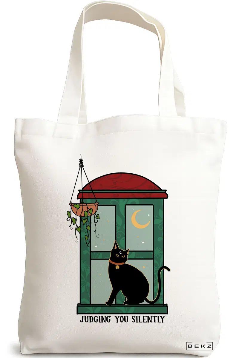 Sacosa Cumparaturi Textila, Geanta Tote, model Judging you silently, 38 x 34.5 cm, Alb, BEKZ®