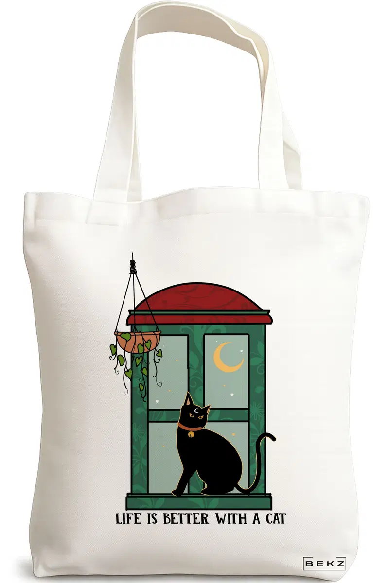 Sacosa Cumparaturi Textila, Geanta Tote, model Life is Better With a Cat, 38 x 34.5 cm, Alb, BEKZ®