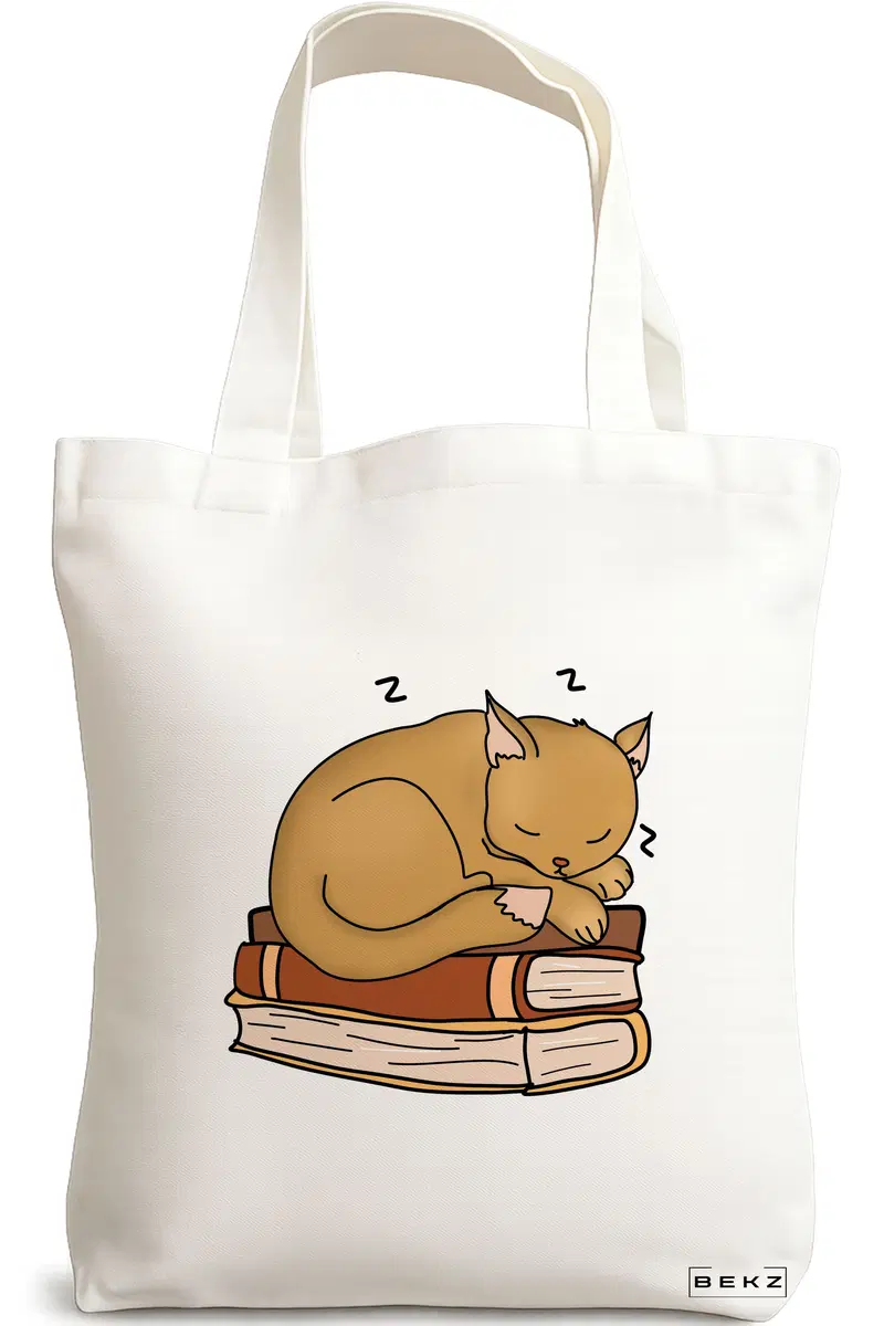 Sacosa Cumparaturi Textila, Geanta Tote, model Cat Booky Life, 38 x 34.5 cm, Alb, BEKZ®