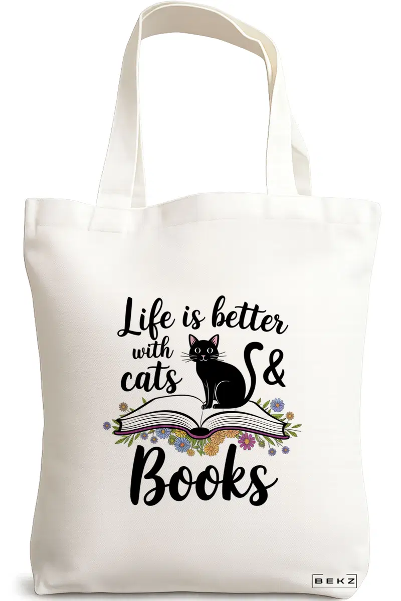 Sacosa Cumparaturi Textila, Geanta Tote, model Life is better with Cats and Books, 38 x 34.5 cm, Alb, BEKZ®