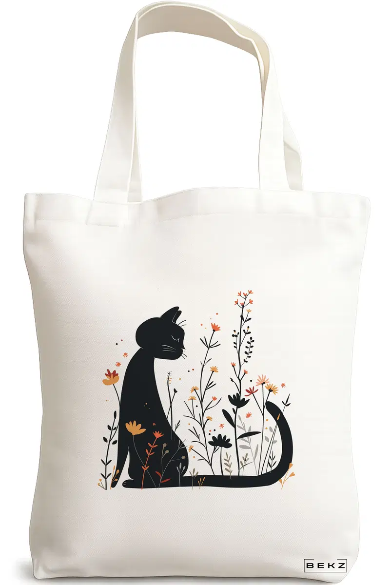 Sacosa Cumparaturi Textila, Geanta Tote, model Cat and Flowers 1, 38 x 34.5 cm, Alb, BEKZ®