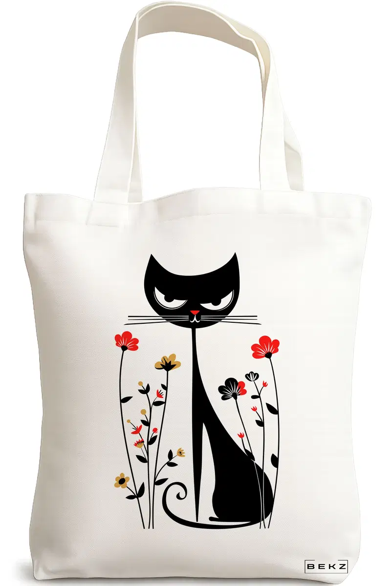 Sacosa Cumparaturi Textila, Geanta Tote, model Cat and Flowers 2, 38 x 34.5 cm, Alb, BEKZ®