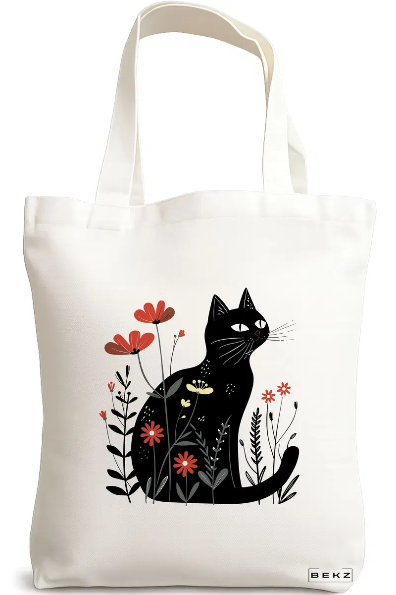 Sacosa Cumparaturi Textila, Geanta Tote, model Cat and Flowers 3, 38 x 34.5 cm, Alb, BEKZ®