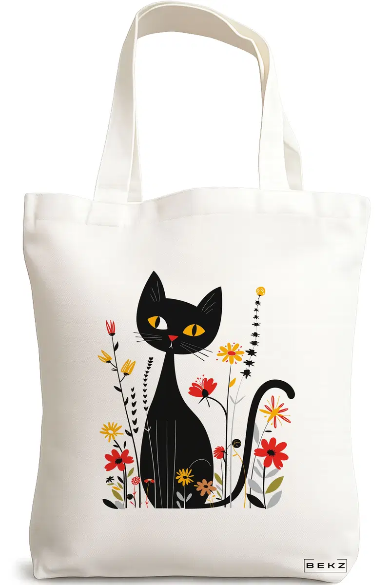 Sacosa Cumparaturi Textila, Geanta Tote, model Cat and Flowers 4, 38 x 34.5 cm, Alb, BEKZ®