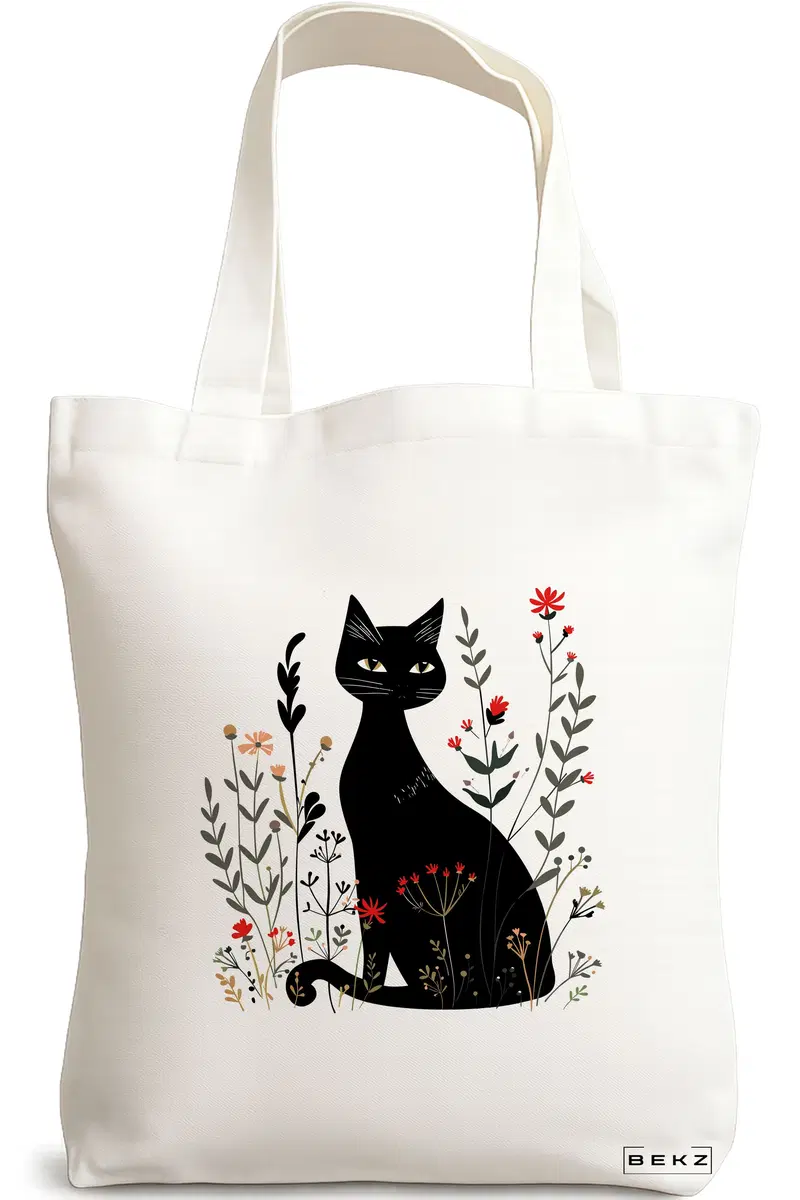 Sacosa Cumparaturi Textila, Geanta Tote, model Cat and Flowers 5, 38 x 34.5 cm, Alb, BEKZ®