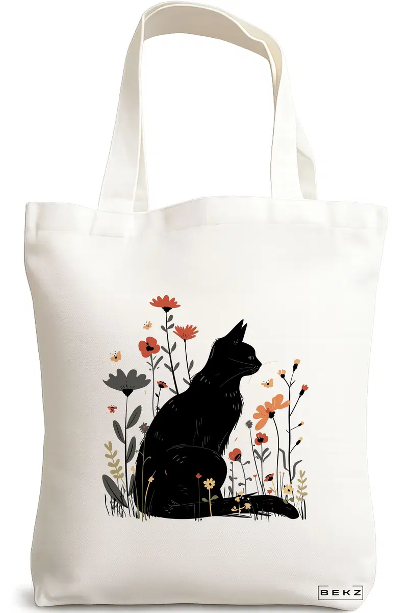 Sacosa Cumparaturi Textila, Geanta Tote, model Cat and Flowers 6, 38 x 34.5 cm, Alb, BEKZ®