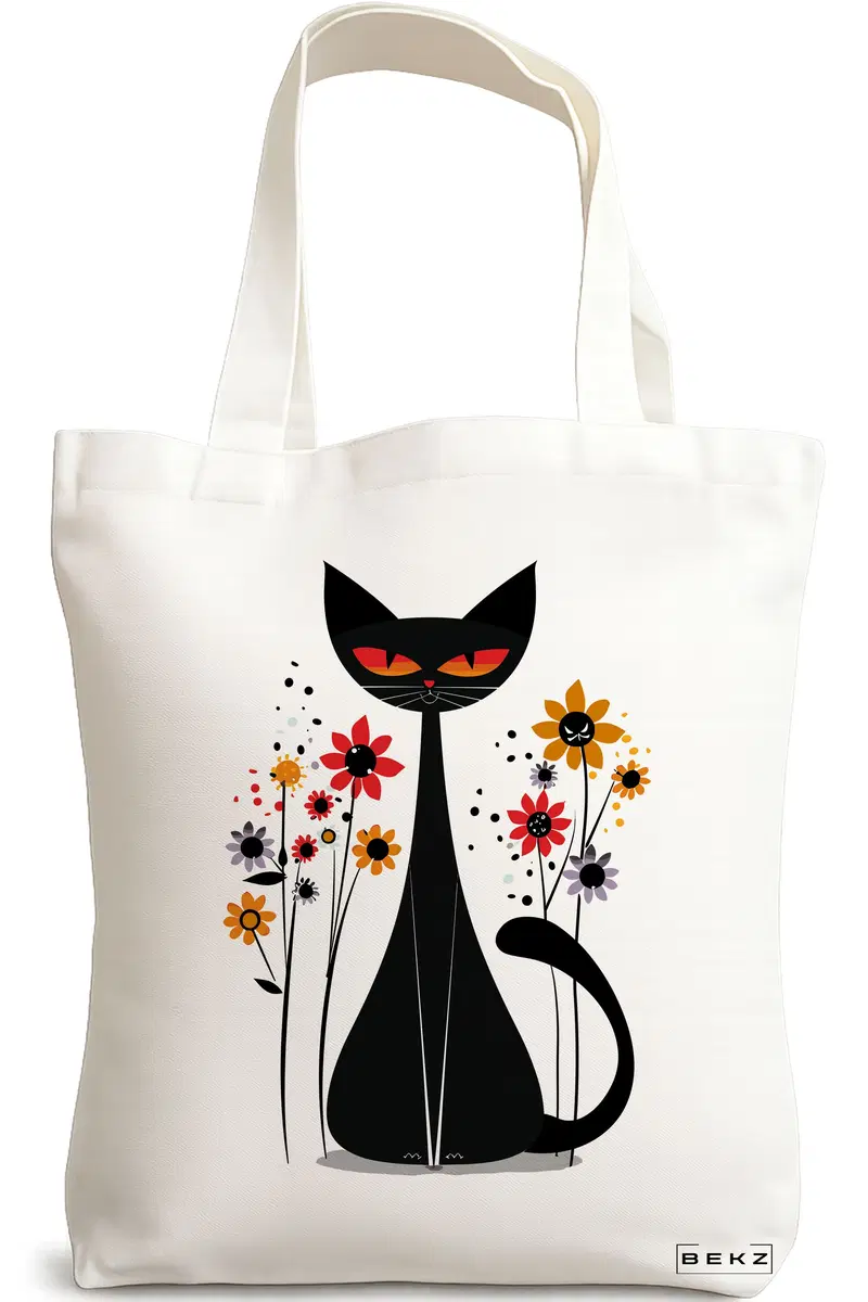Sacosa Cumparaturi Textila, Geanta Tote, model Cat and Flowers 7, 38 x 34.5 cm, Alb, BEKZ®
