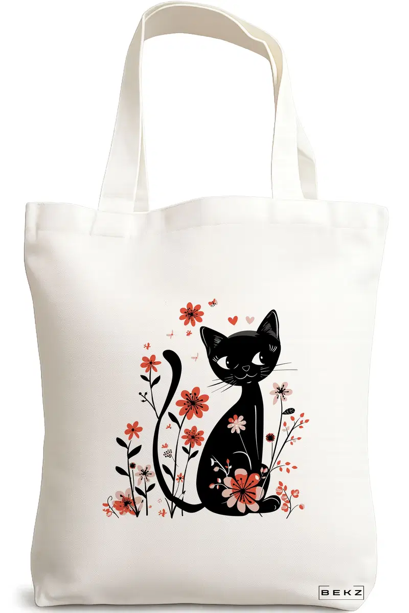 Sacosa Cumparaturi Textila, Geanta Tote, model Cat and Flowers 8, 38 x 34.5 cm, Alb, BEKZ®