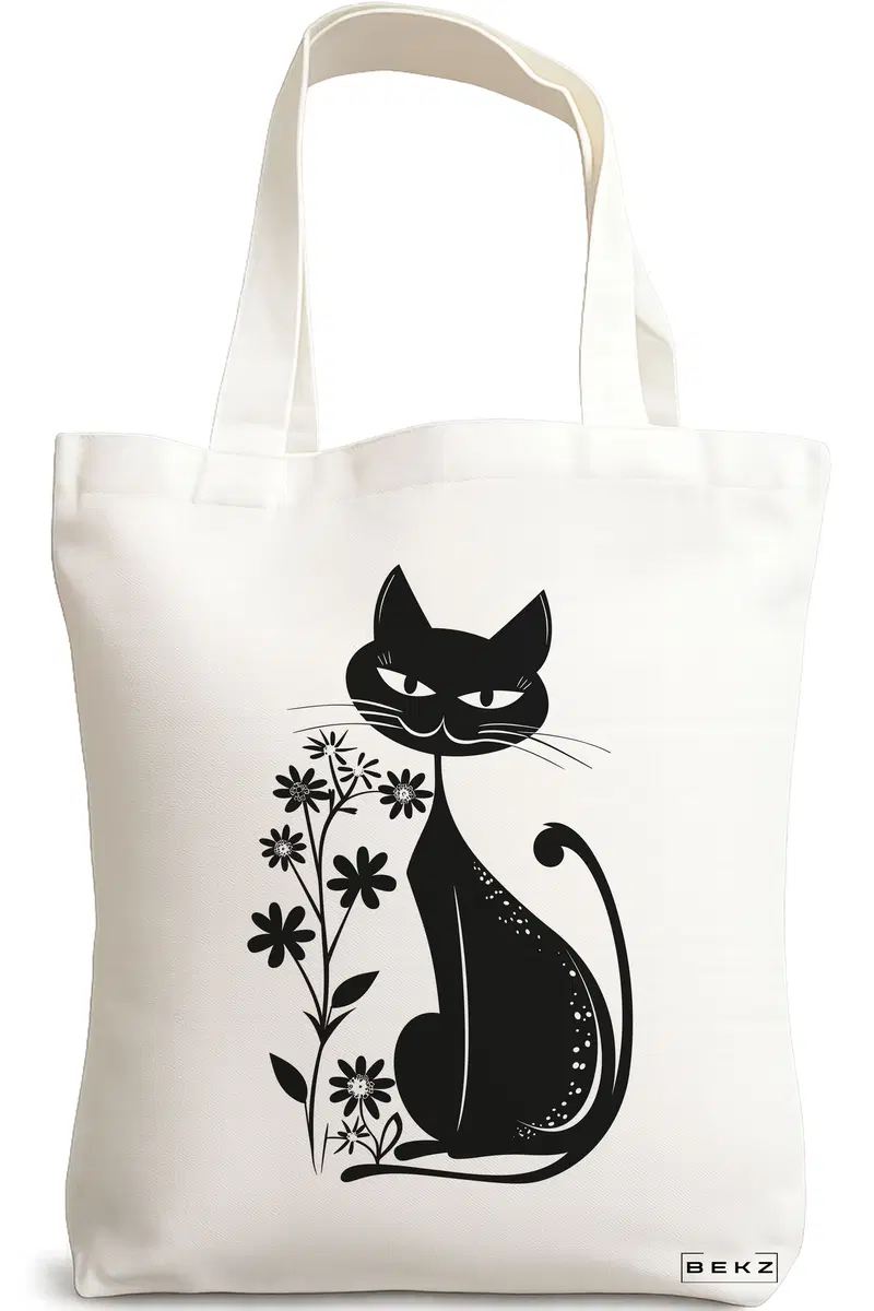 Sacosa Cumparaturi Textila, Geanta Tote, model Cat and Flowers 9, 38 x 34.5 cm, Alb, BEKZ®