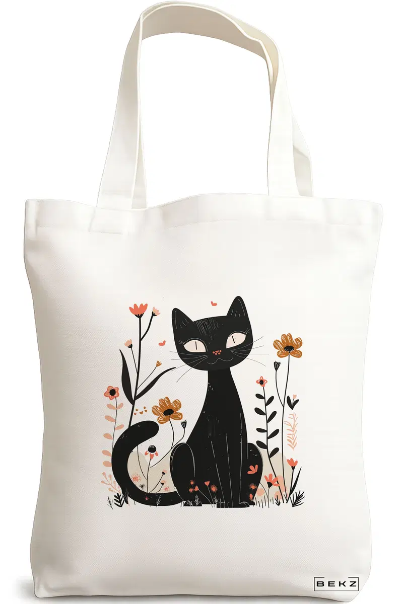 Sacosa Cumparaturi Textila, Geanta Tote, model Cat and Flowers 10, 38 x 34.5 cm, Alb, BEKZ®