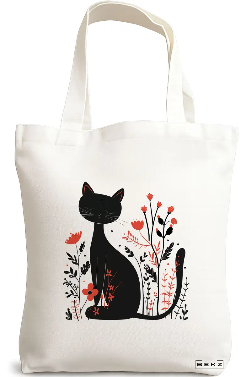 Sacosa Cumparaturi Textila, Geanta Tote, model Cat and Flowers 11, 38 x 34.5 cm, Alb, BEKZ®