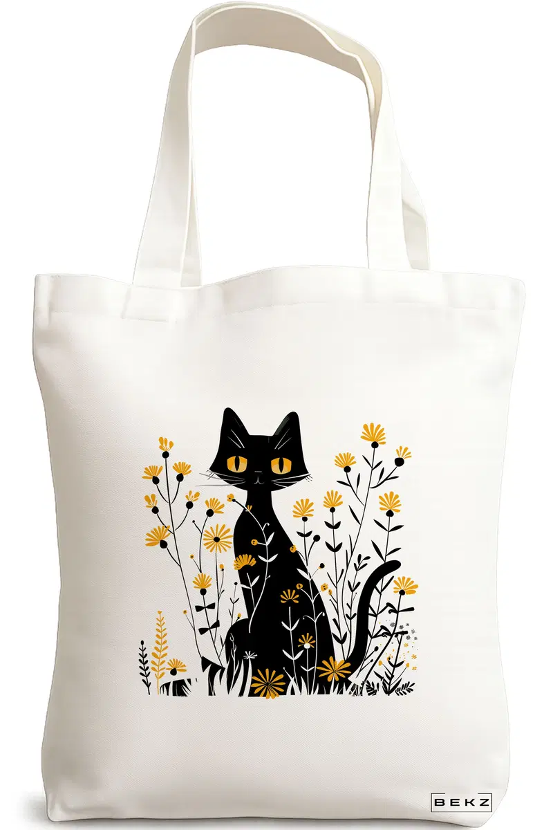 Sacosa Cumparaturi Textila, Geanta Tote, model Cat and Flowers 12, 38 x 34.5 cm, Alb, BEKZ®