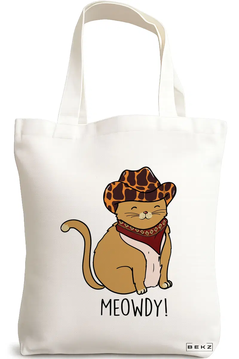Sacosa Cumparaturi Textila, Geanta Tote, model Meowdy, 38 x 34.5 cm, Alb, BEKZ®