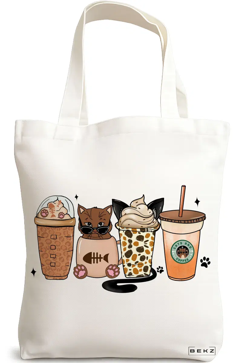 Sacosa Cumparaturi Textila, Geanta Tote, model Cats and Coffee 2, 38 x 34.5 cm, Alb, BEKZ®