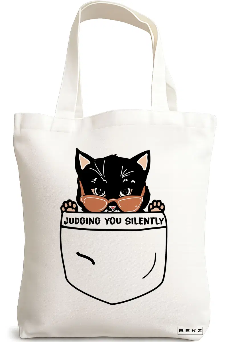 Sacosa Cumparaturi Textila, Geanta Tote, model Judging you silently, 38 x 34.5 cm, Alb, BEKZ®