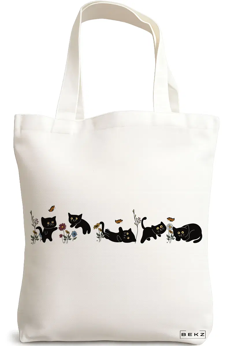Sacosa Cumparaturi Textila, Geanta Tote, model Cat and Flowers 13, 38 x 34.5 cm, Alb, BEKZ®