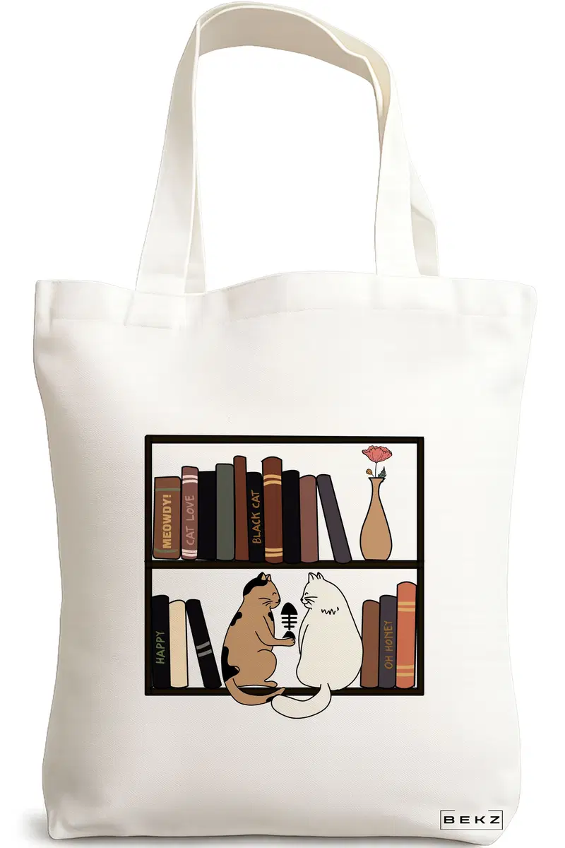 Sacosa Cumparaturi Textila, Geanta Tote, model Cat Booky Life 2, 38 x 34.5 cm, Alb, BEKZ®