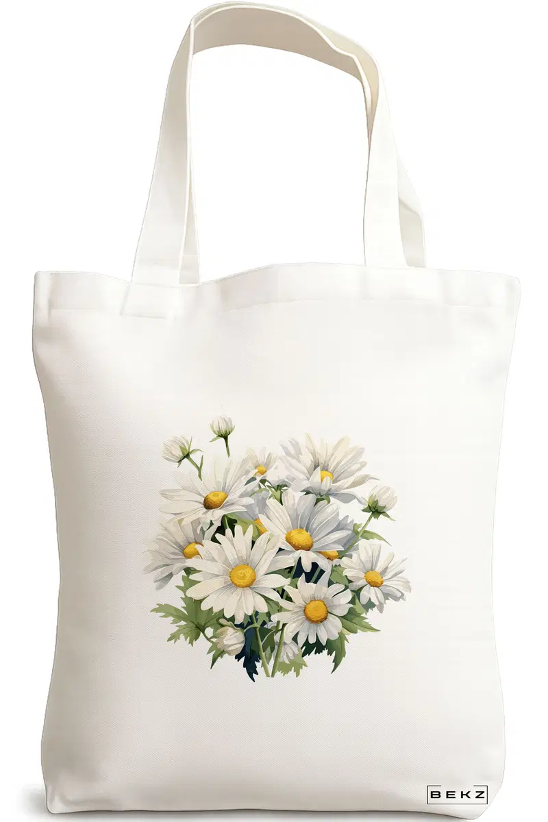 Sacosa Cumparaturi Textila, Geanta Tote, model Flower Bouquet 1, 38 x 34.5 cm, Alb, BEKZ®