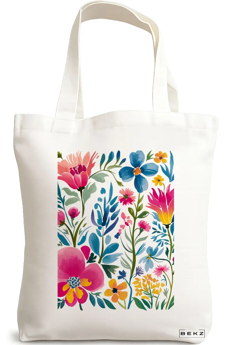 Sacosa Cumparaturi Textila, Geanta Tote, model Flower Watecolor 1, 38 x 34.5 cm, Alb, BEKZ®