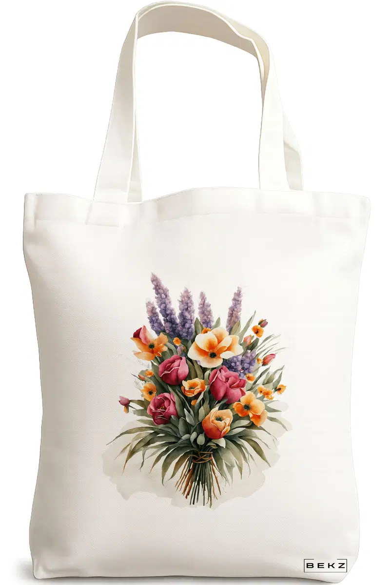 Sacosa Cumparaturi Textila, Geanta Tote, model Flower Bouquet 2, 38 x 34.5 cm, Alb, BEKZ®