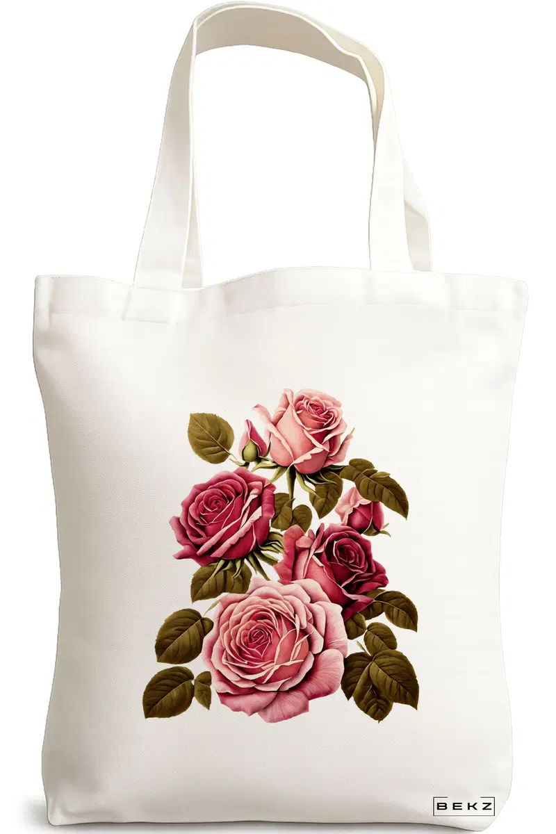 Sacosa Cumparaturi Textila, Geanta Tote, model Flower Bouquet 3, 38 x 34.5 cm, Alb, BEKZ®
